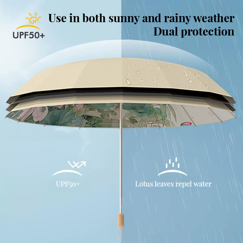 16-rib color rubber & gold aluminum alloy frame: new Chinese retro folding umbrella with sun protection and UV resistance.