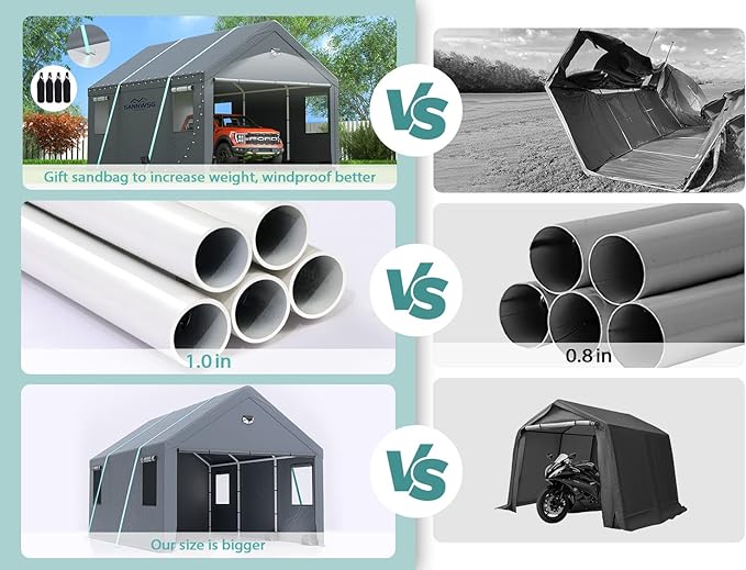 10x20 ultra large portable carport garage with rolling shutter windows and waterproof cloth, metal roof and side walls