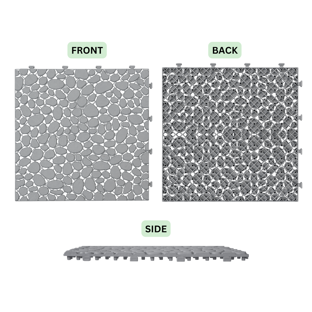 12 x 12 inch gray interlocking deck tiles, plastic waterproof pebble pattern, pack of 12 pieces