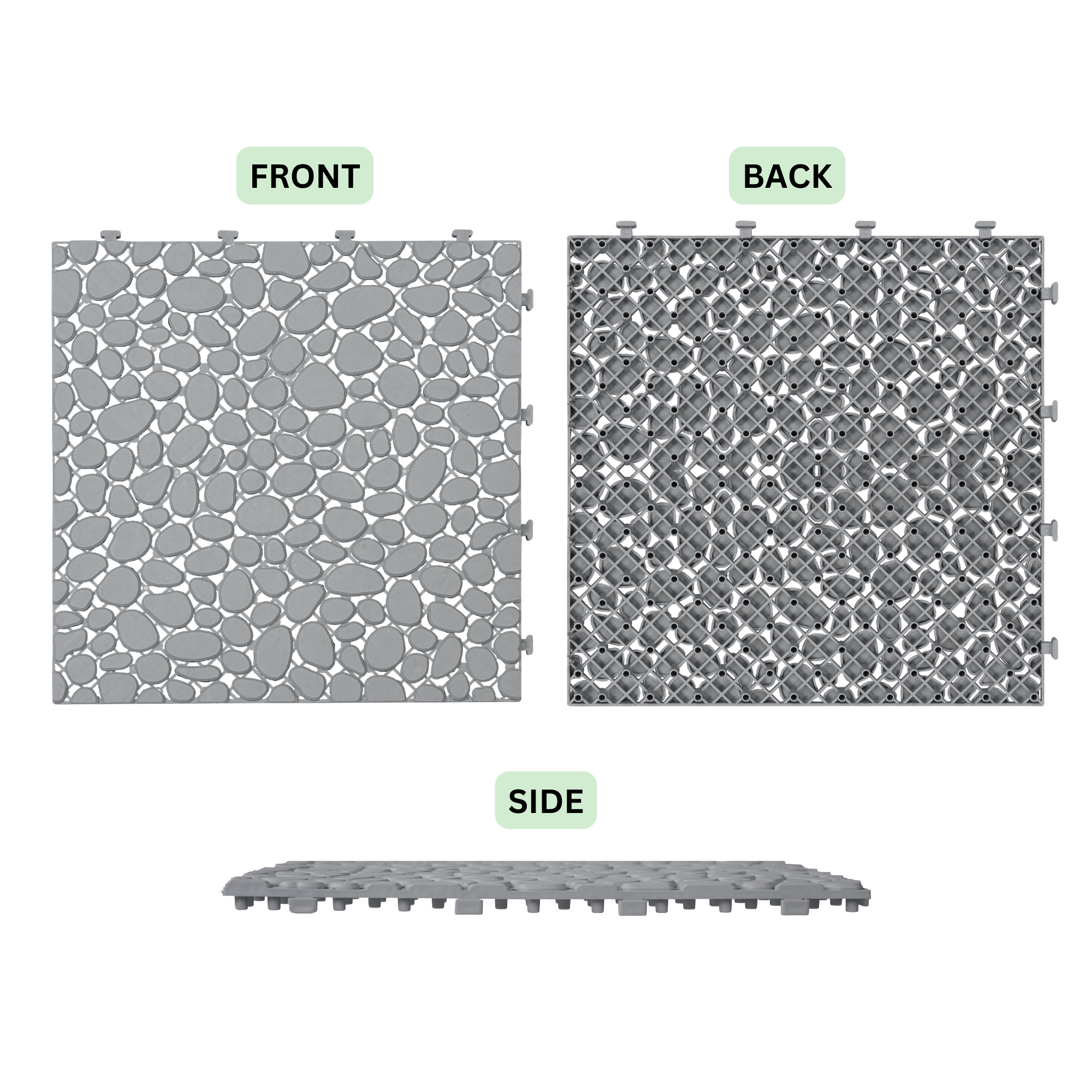 12 x 12 inch gray interlocking deck tiles, plastic waterproof pebble pattern, pack of 12 pieces