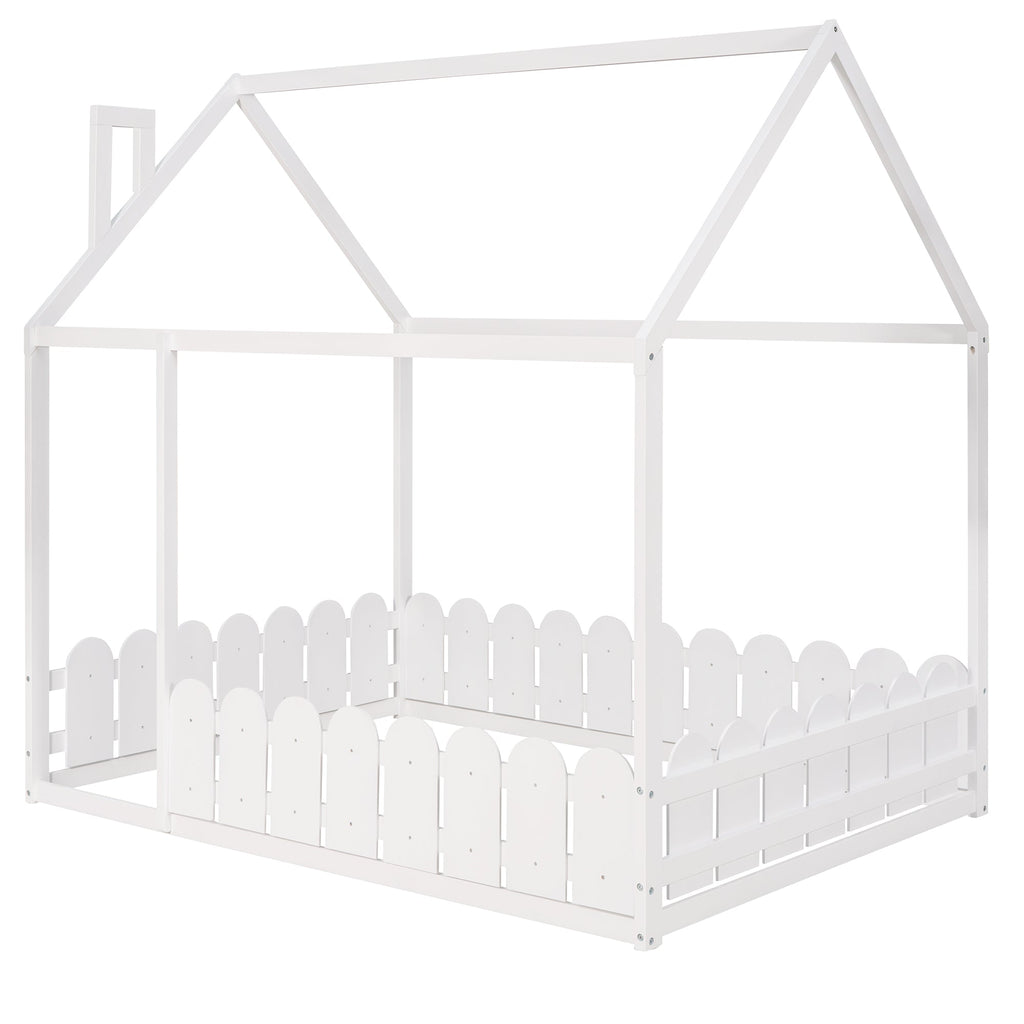 (Slats are not included) Full Size Wood Bed House Bed Frame with Fence for Kids Teens Girls Boys (White )