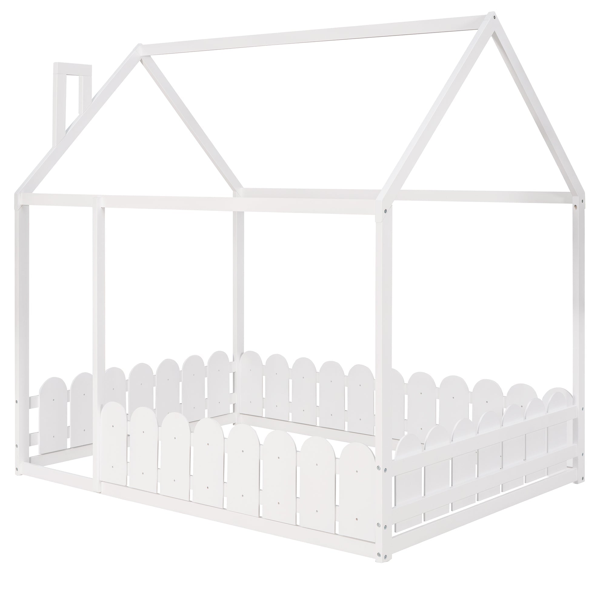 (Slats are not included) Full Size Wood Bed House Bed Frame with Fence for Kids Teens Girls Boys (White )