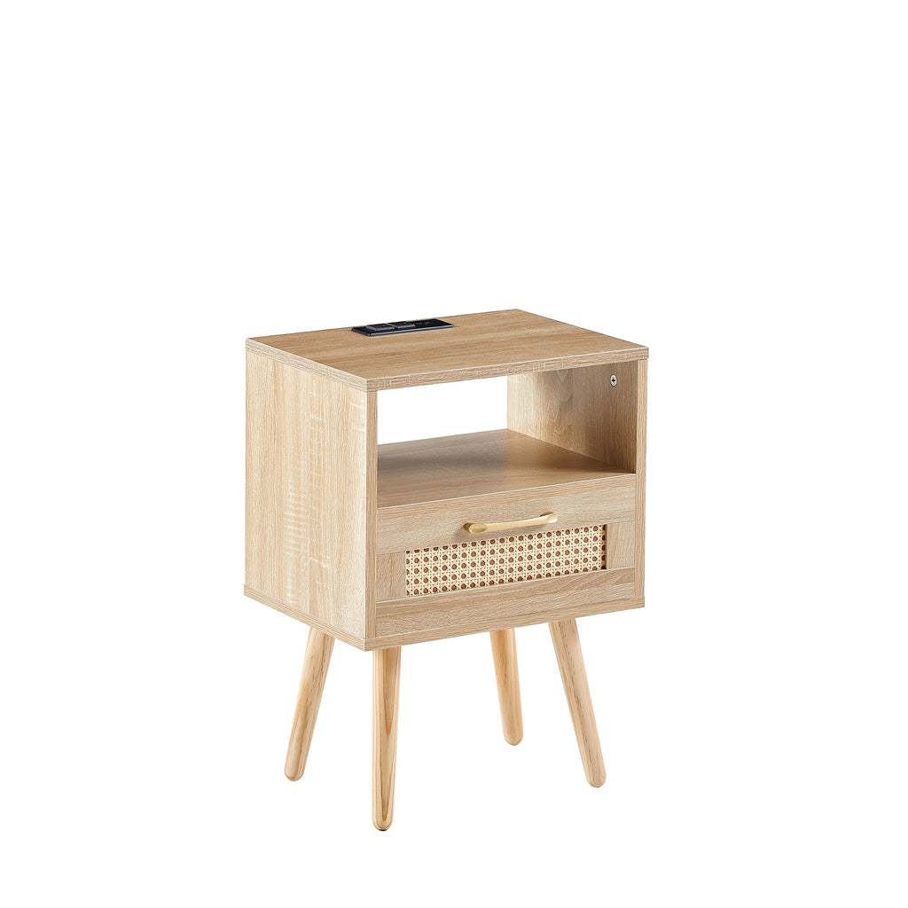 15.75" Rattan End table with Power Outlet & USB Ports  Modern nightstand with drawer and solid wood legs