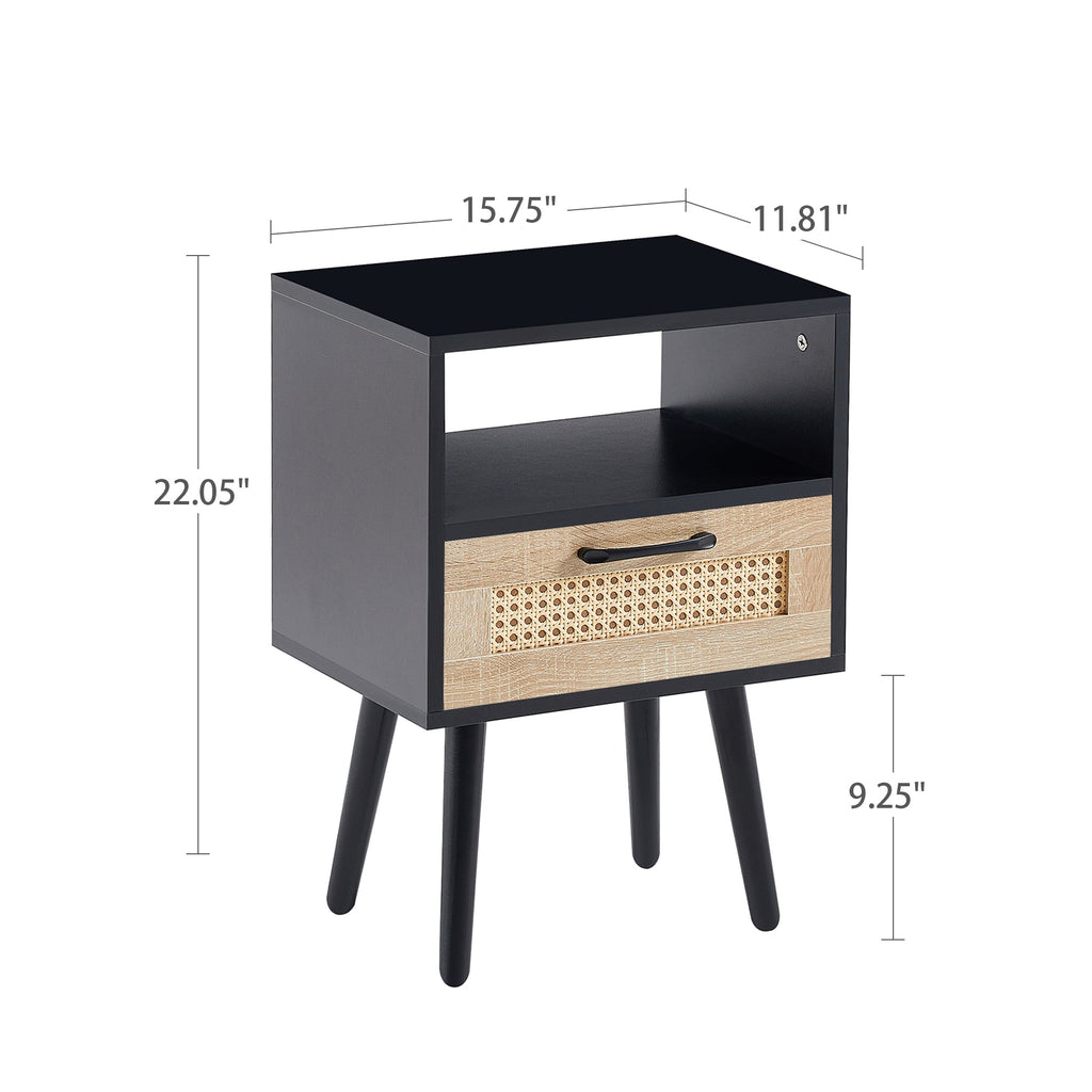 15.75" Rattan End table with drawer and solid wood legs Modern nightstand side table for living room black