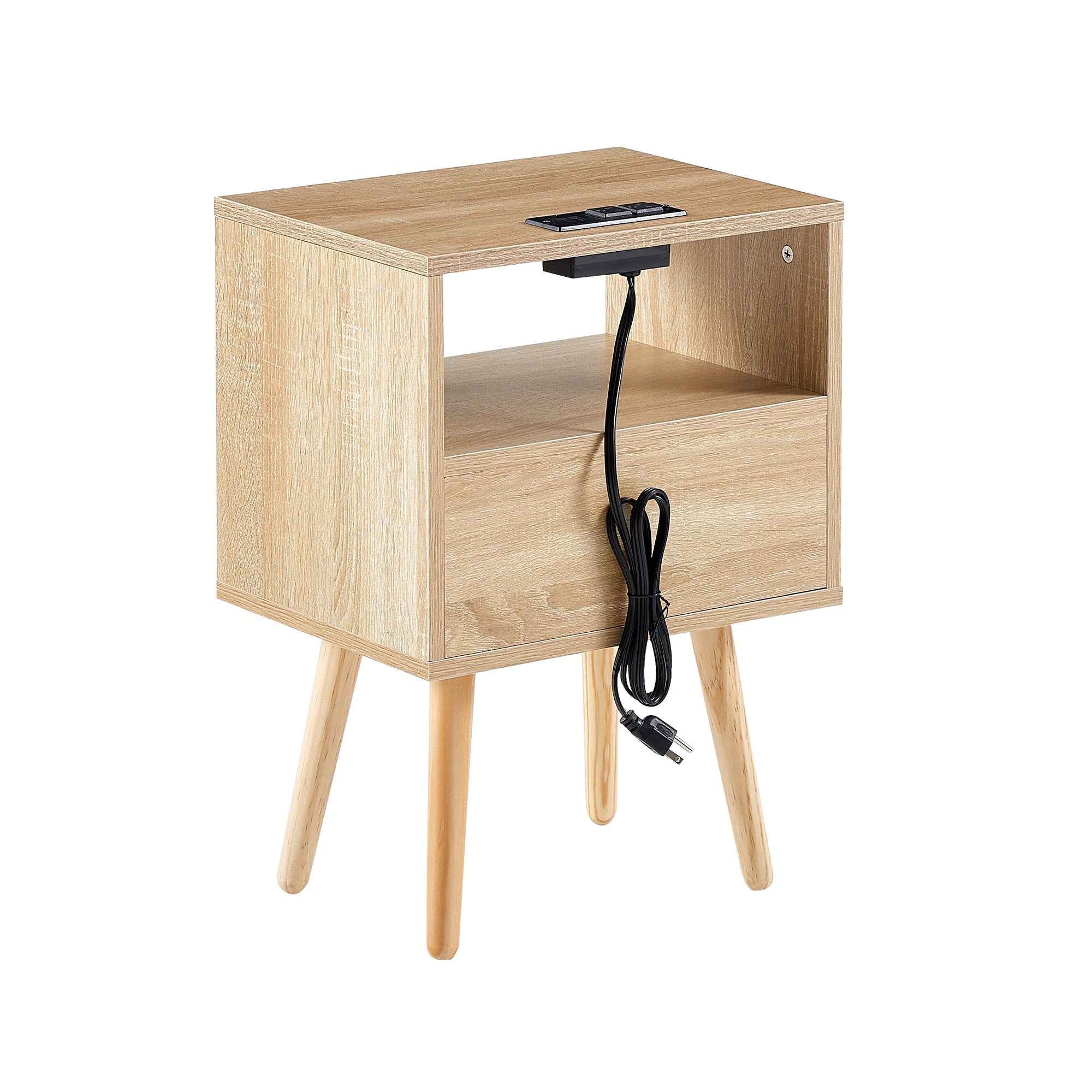 15.75" Rattan End table with Power Outlet & USB Ports  Modern nightstand with drawer and solid wood legs