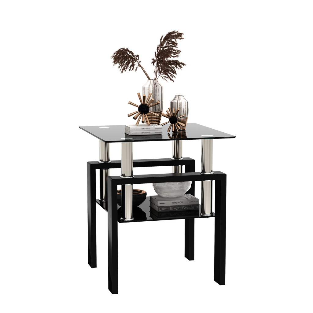 1-Piece Modern Tempered Glass Tea Table Coffee Table End Table, Square Table for Living Room, Black