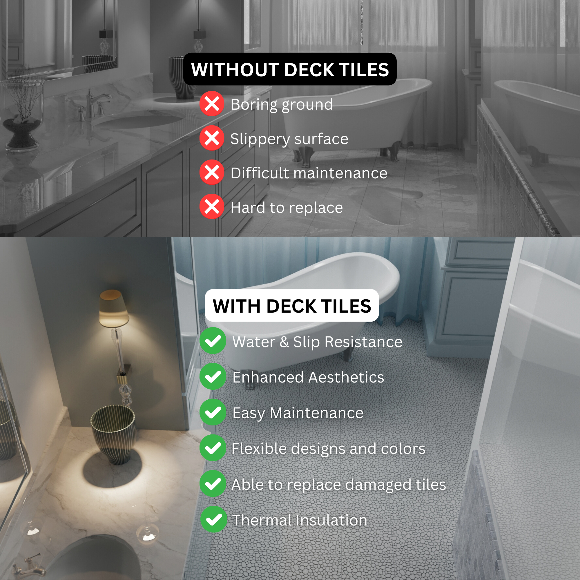 12 x 12 inch gray interlocking deck tiles, plastic waterproof pebble pattern, pack of 12 pieces