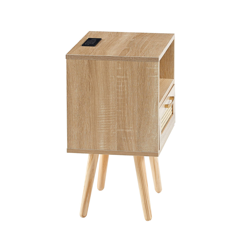 15.75" Rattan End table with Power Outlet & USB Ports  Modern nightstand with drawer and solid wood legs