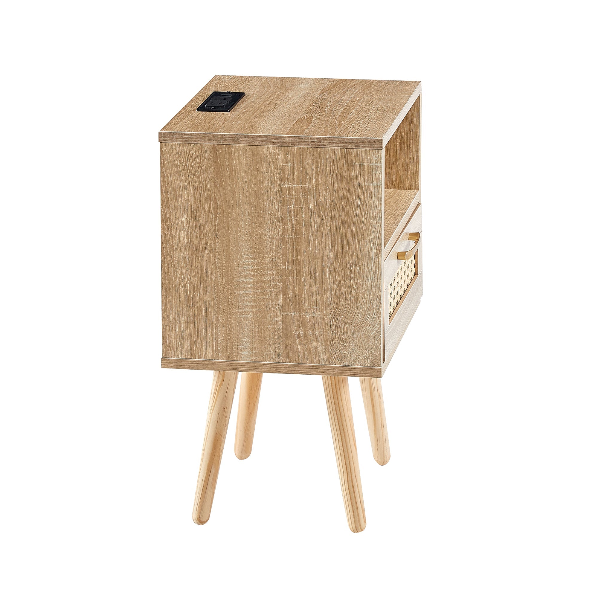 15.75" Rattan End table with Power Outlet & USB Ports  Modern nightstand with drawer and solid wood legs